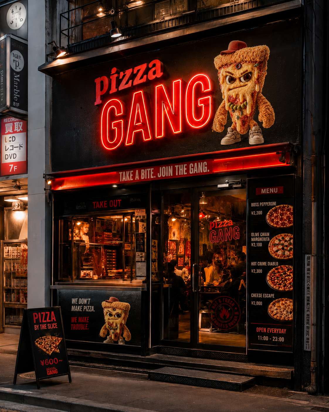 pizza GANG SHIBUYA の外観（ネオン看板）